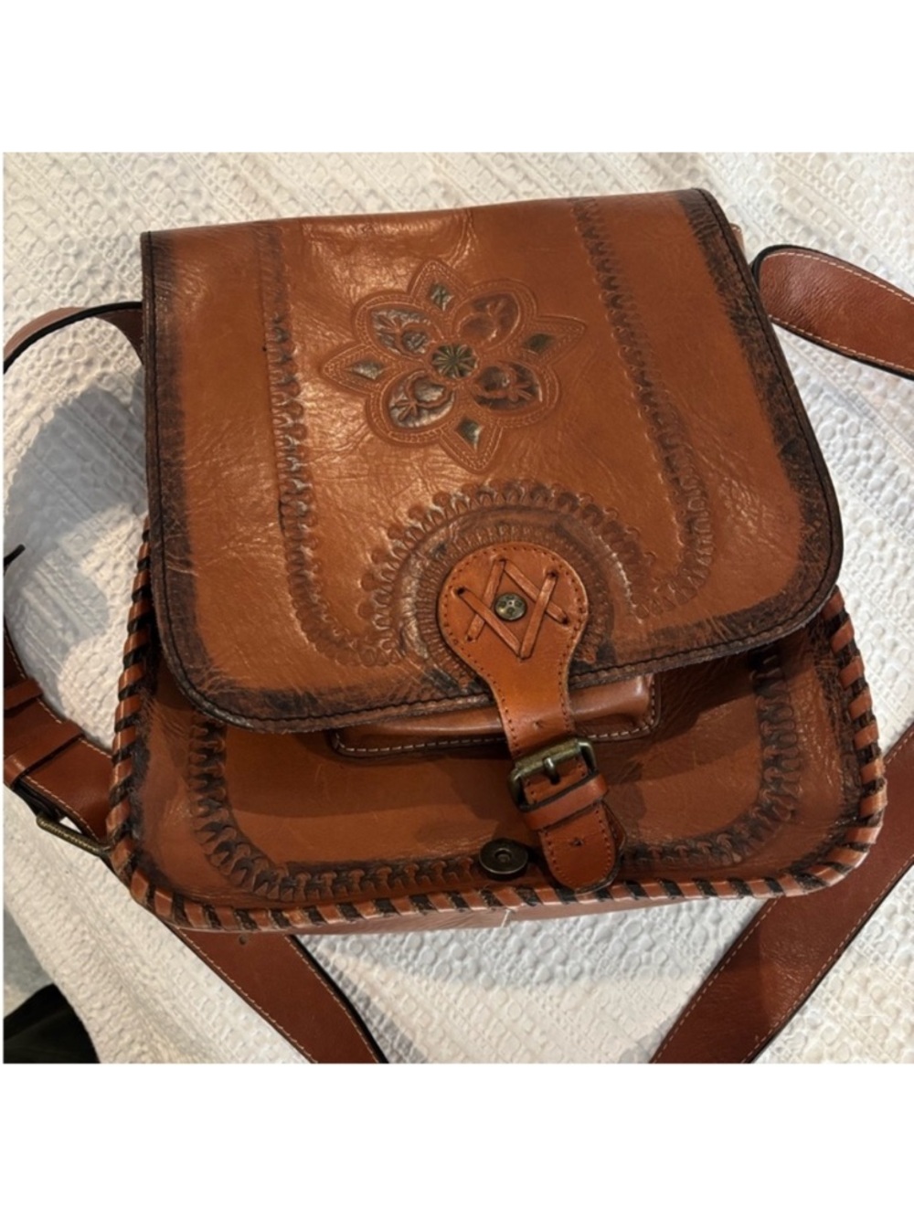 Patricia Nash Hand-Tooled Brown Leather Crossbody Bag